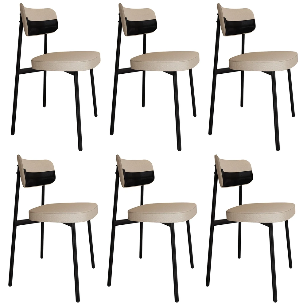 Cadeira de Jantar Estofada Kit 6 Ella M25 Linho Areia/Preto - Mpozenato