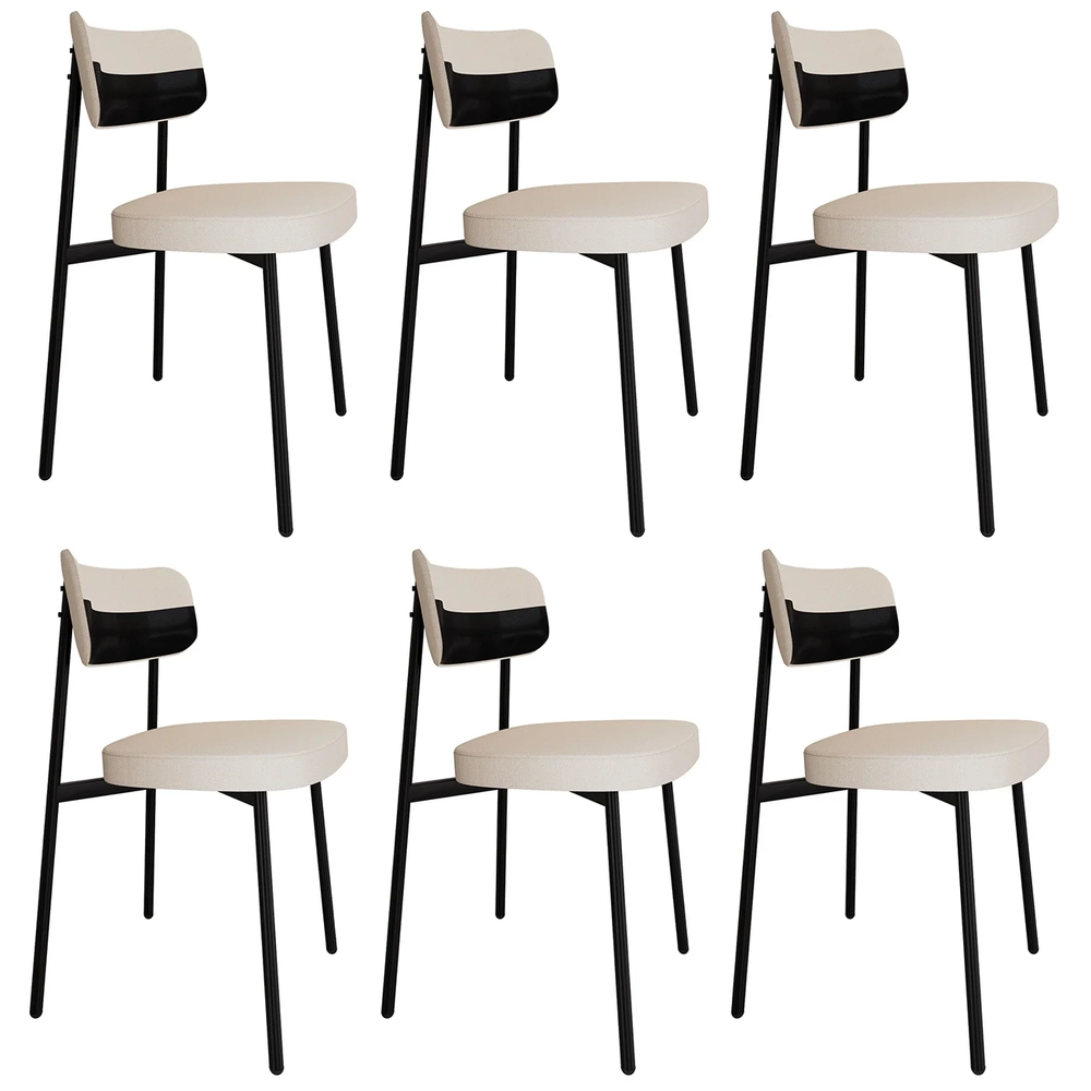 Cadeira de Jantar Estofada Kit 6 Ella M25 Linho Palha/Preto - Mpozenato