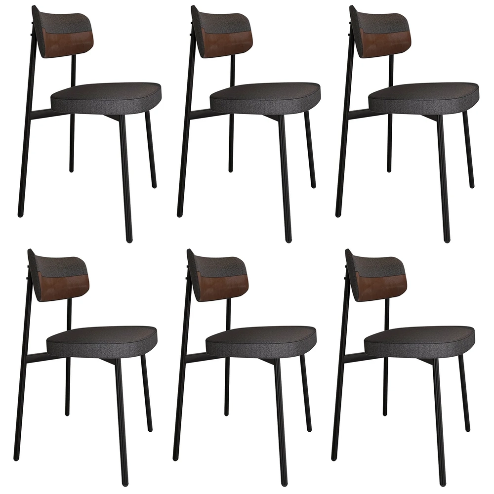 Cadeira de Jantar Estofada Kit 6 Ella M25 Linho Grafite/Marrom - Mpozenato