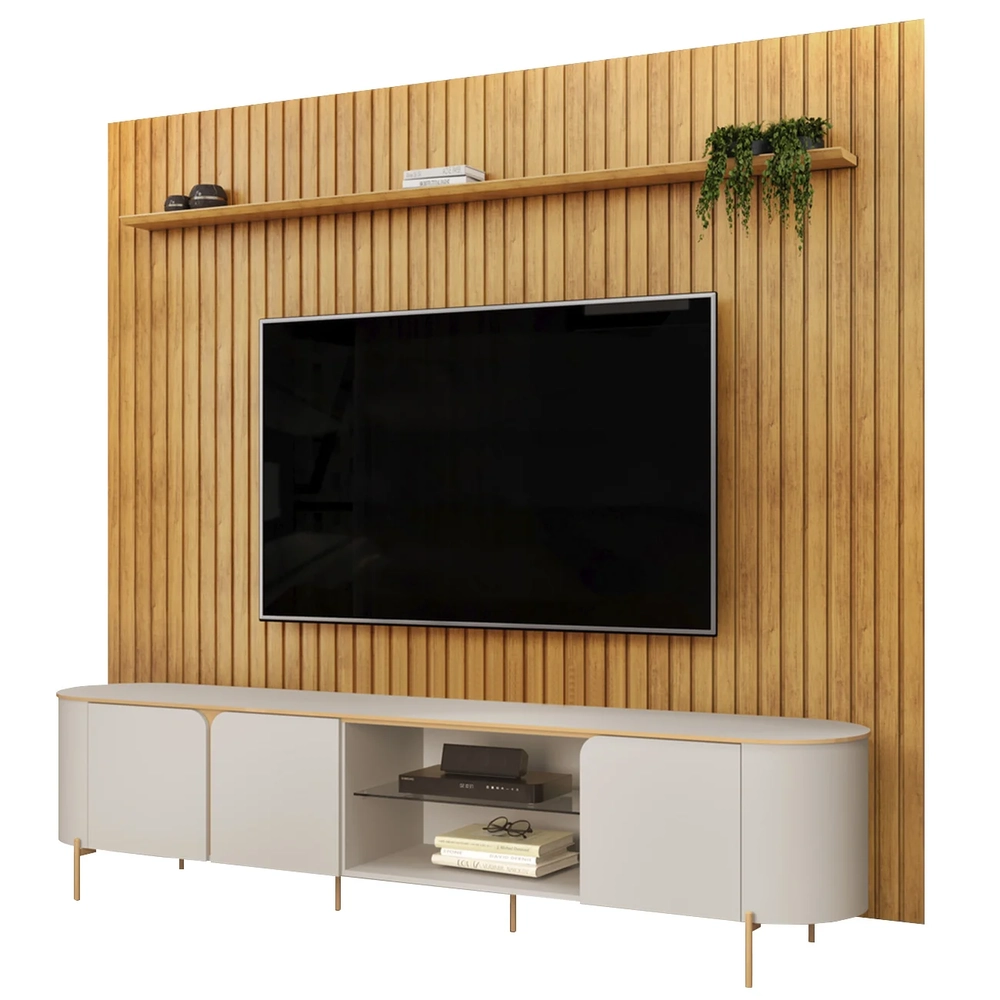 Painel TV 75 Pol Ripado 275cm e Bancada Ariane D04 Off/Cedro - Mpozenato