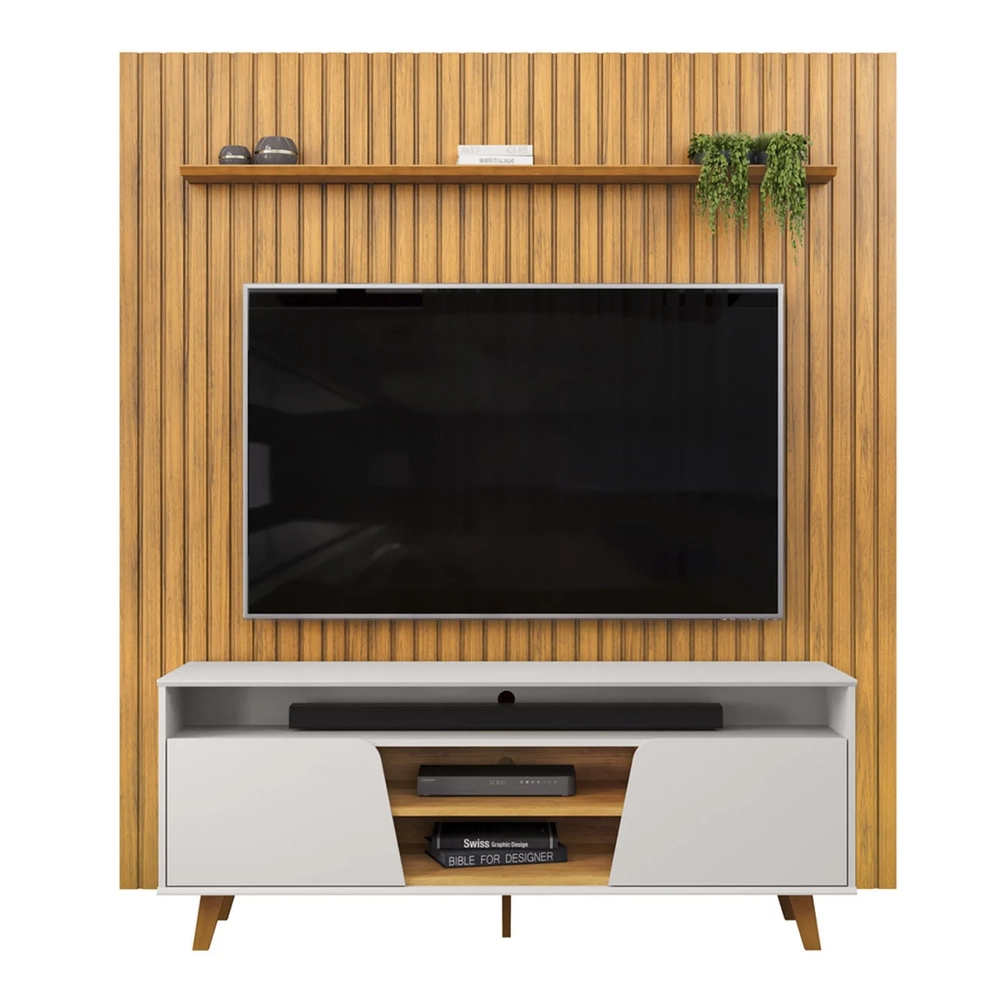 Painel TV 75 Pol Ripado 223cm e Bancada Elaine D04 Cedro/Bal - Mpozenato