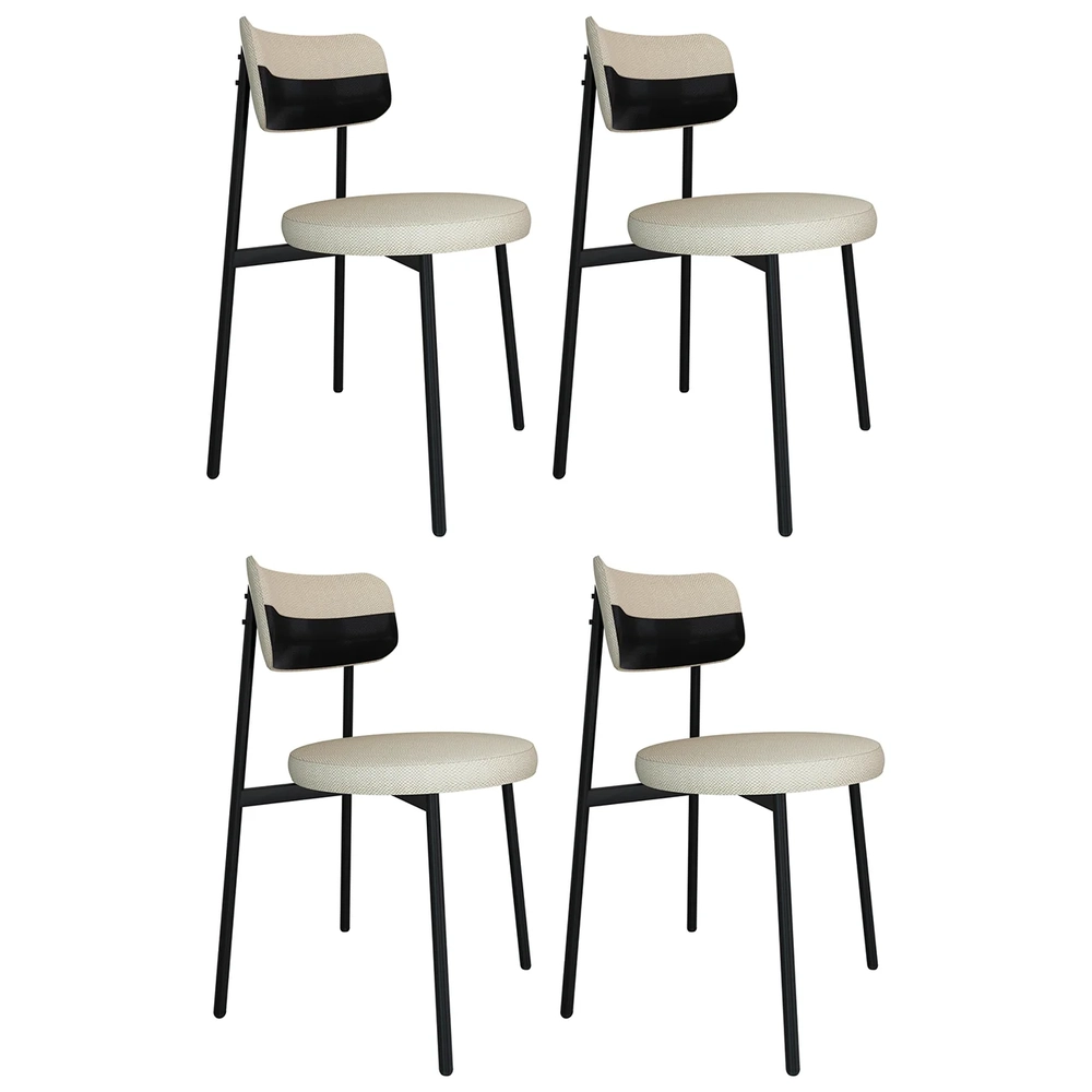 Cadeira de Jantar Estofada Kit 4 Nyka M25 Linho Areia/Preto - Mpozenato