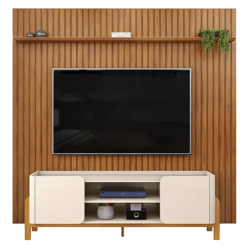 Painel TV 75 Pol Ripado 250cm e Bancada Chest D04 Off/Freijó - Mpozenato