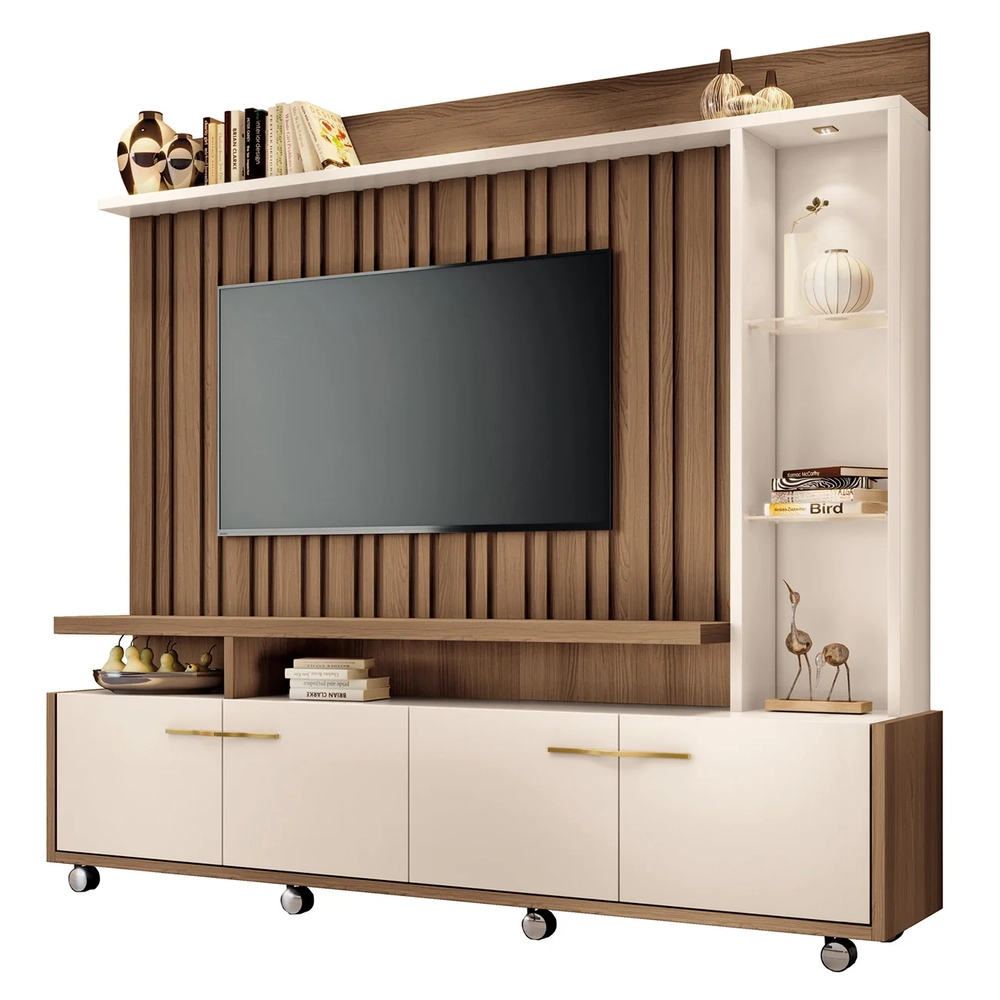 Estante Painel de TV 60 Pol 200cm Natan H01 Castanho/Off White - Mpozenato