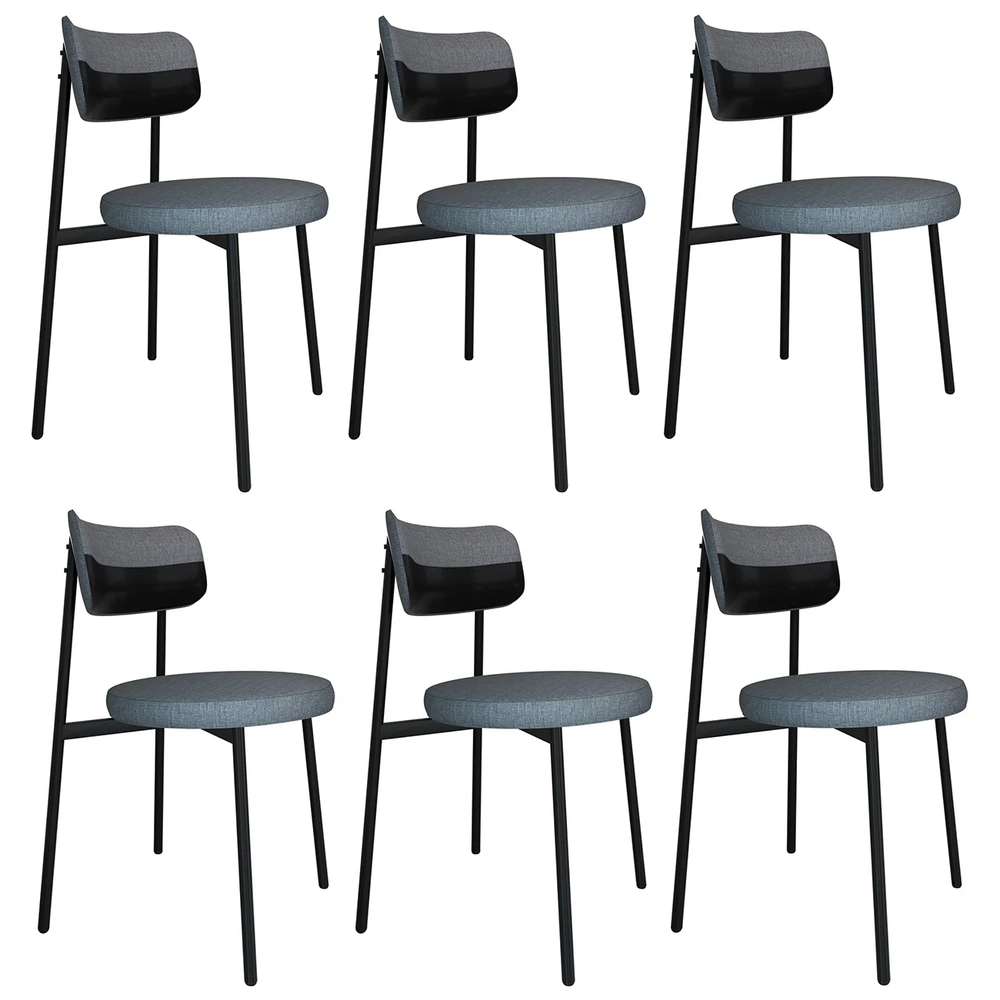 Cadeira de Jantar Estofada Kit 6 Nyka M25 Linho Cinza/Preto - Mpozenato