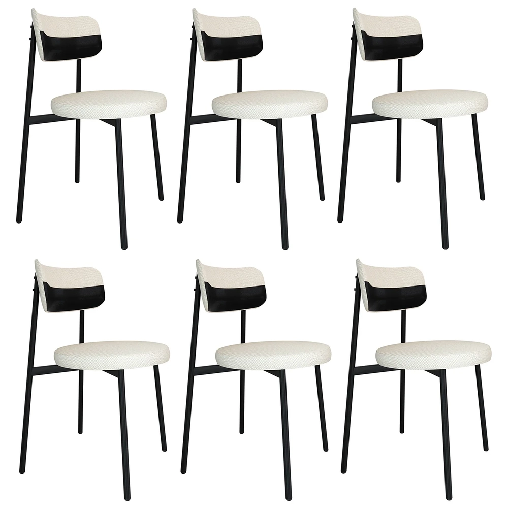 Cadeira de Jantar Estofada Kit 6 Nyka M25 Linho Palha/Preto - Mpozenato