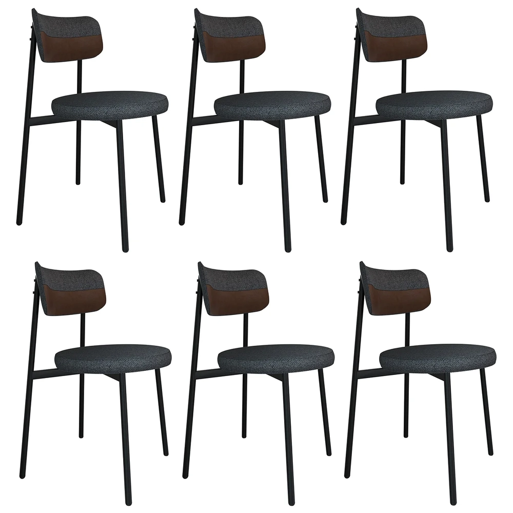 Cadeira de Jantar Estofada Kit 6 Nyka M25 Linho Grafite/Marrom - Mpozenato