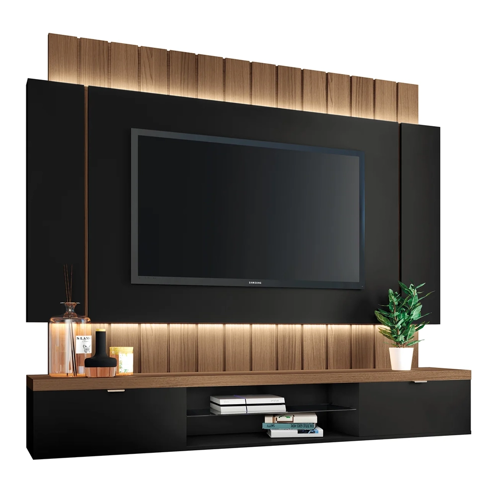 Painel TV 55 Pol 180cm Bancada Suspensa Illuna H01 Preto/Castanho - Mpozenato