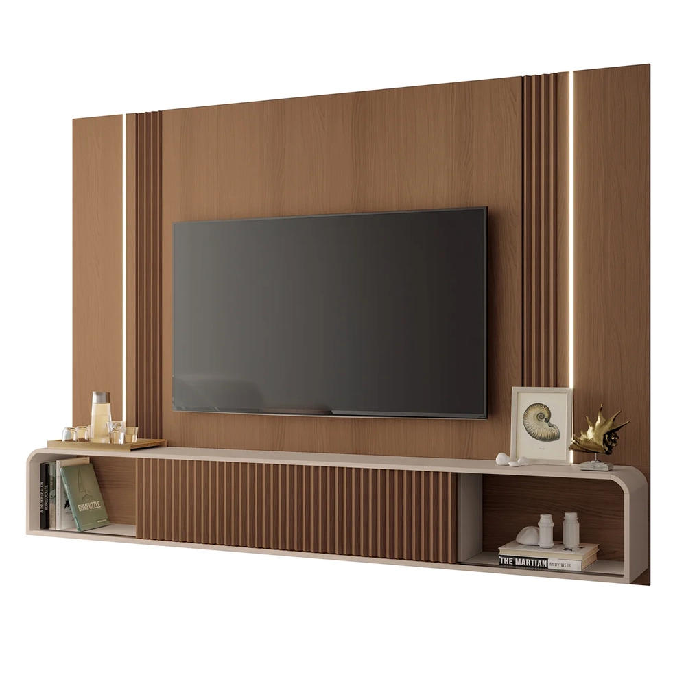 Painel TV 85 Pol 219cm Bancada Suspensa Vivaz H01 Off/Castanho - Mpozenato