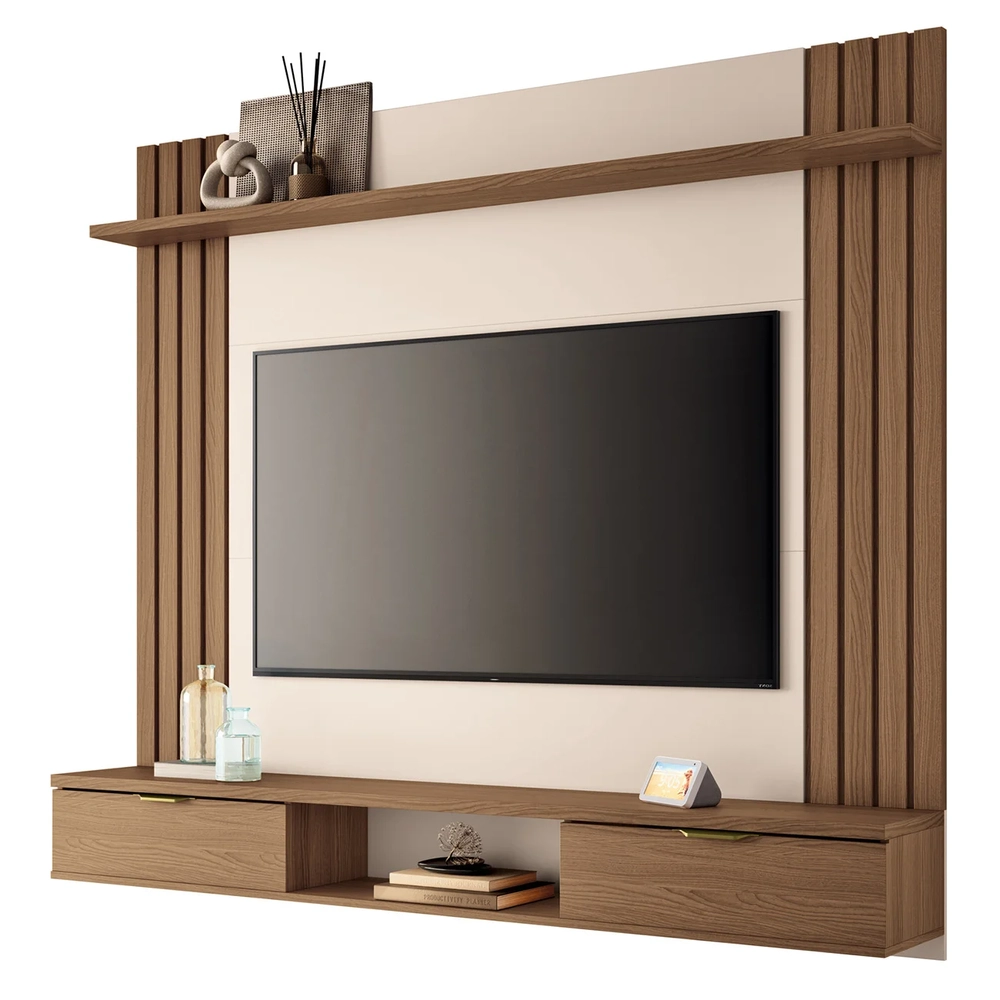 Painel TV 70 Pol 180cm Bancada Suspensa Solle H01 Off/Castanho - Mpozenato