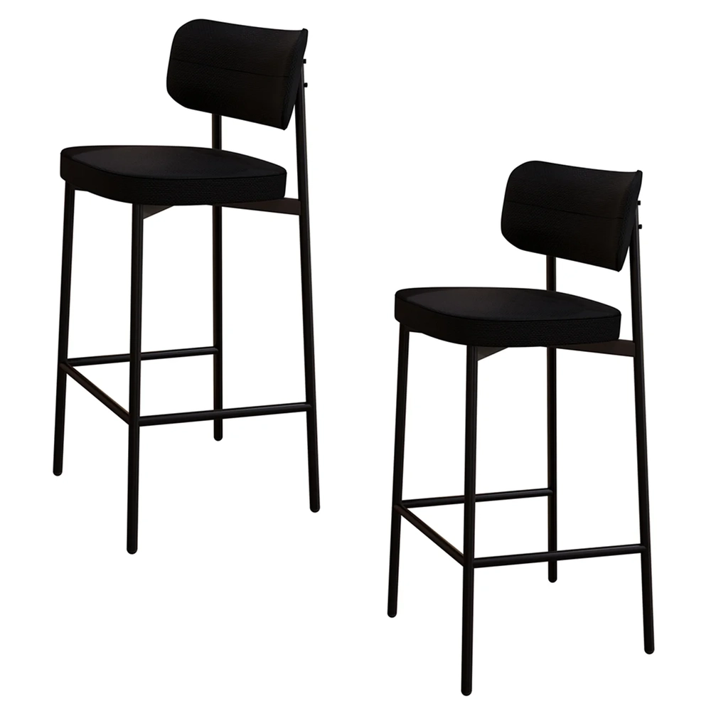 Banqueta Alta Bar Estofada Kit 2 Ella M25 Linho Preto - Mpozenato
