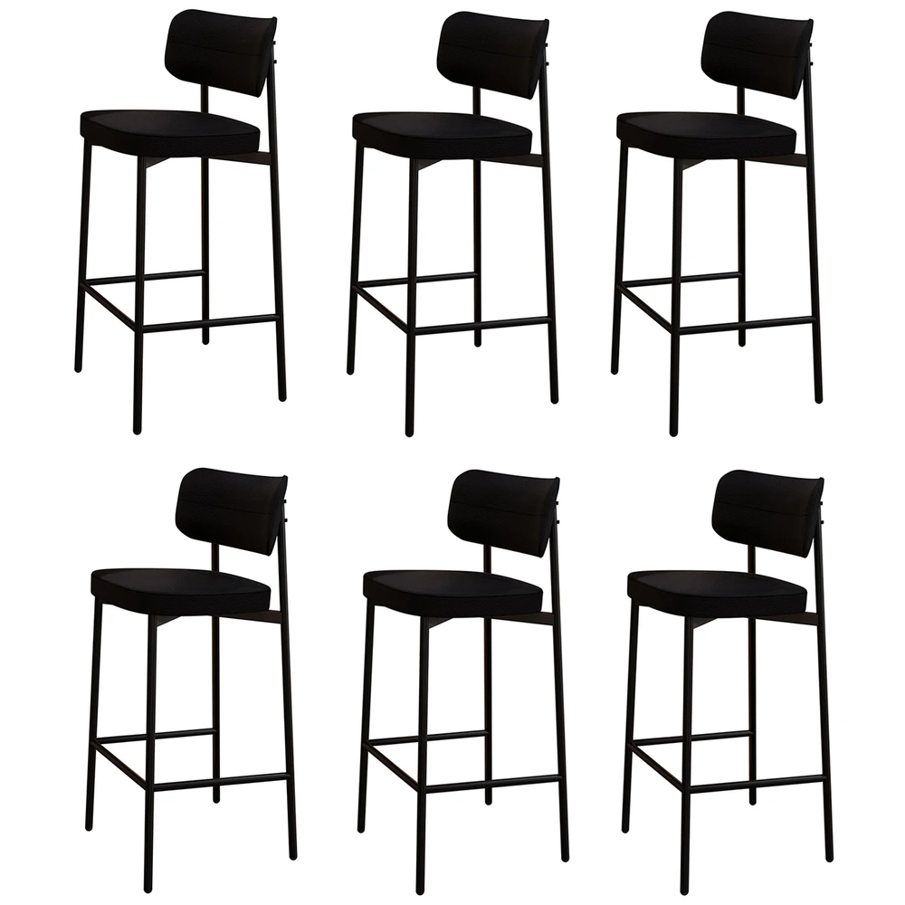 Banqueta Alta Bar Estofada Kit 6 Ella M25 Linho Preto - Mpozenato