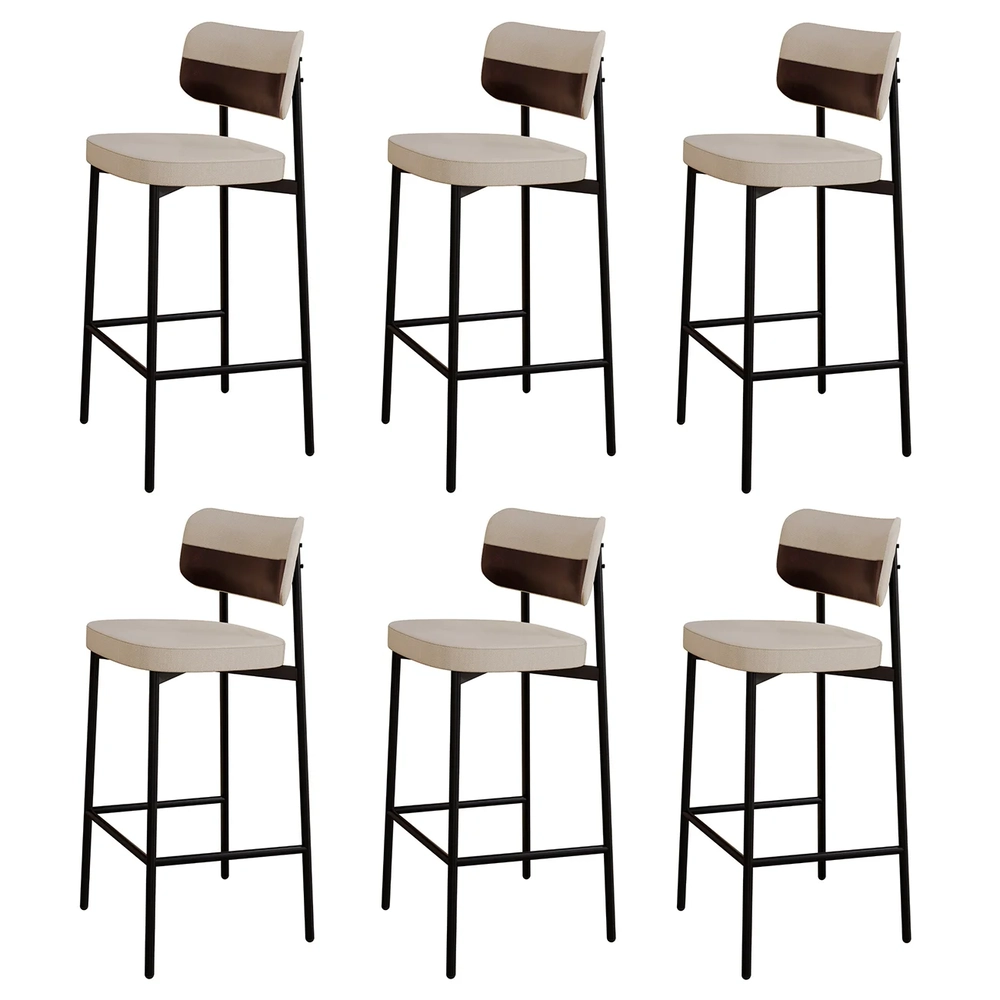 Banqueta Alta Bar Estofada Kit 6 Ella M25 Linho Areia/Café - Mpozenato