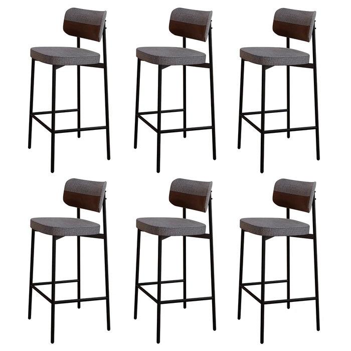 Banqueta Alta Bar Estofada Kit 6 Ella M25 Linho Cinza/Marrom - Mpozenato