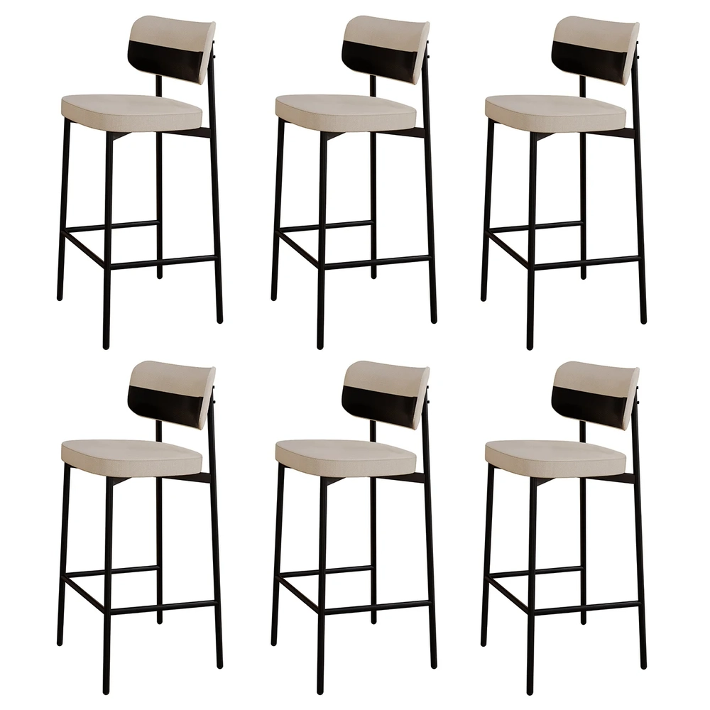Banqueta Alta Bar Estofada Kit 6 Ella M25 Linho Areia/Preto - Mpozenato