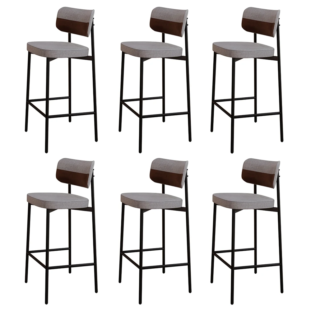 Banqueta Alta Bar Estofada Kit 6 Ella M25 Linho Cinza CL/Marrom - Mpozenato