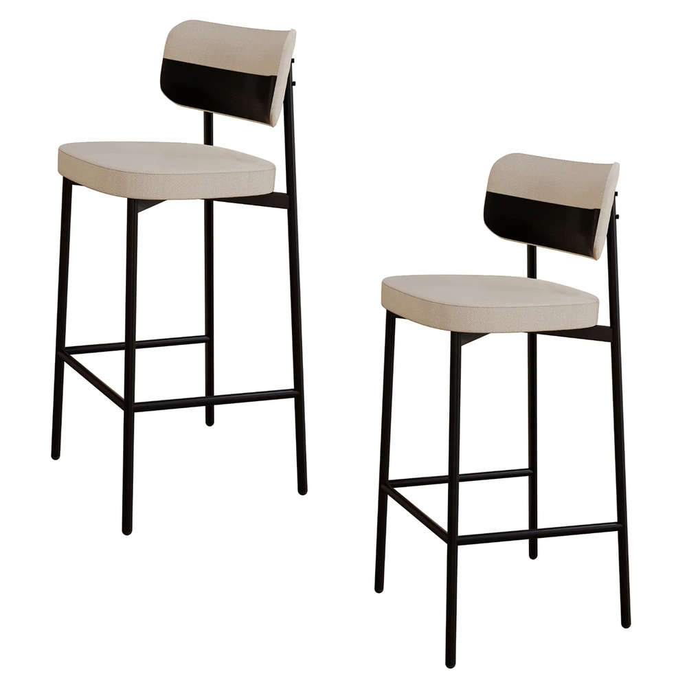 Banqueta Alta Bar Estofada Kit 2 Ella M25 Linho Areia/Preto - Mpozenato