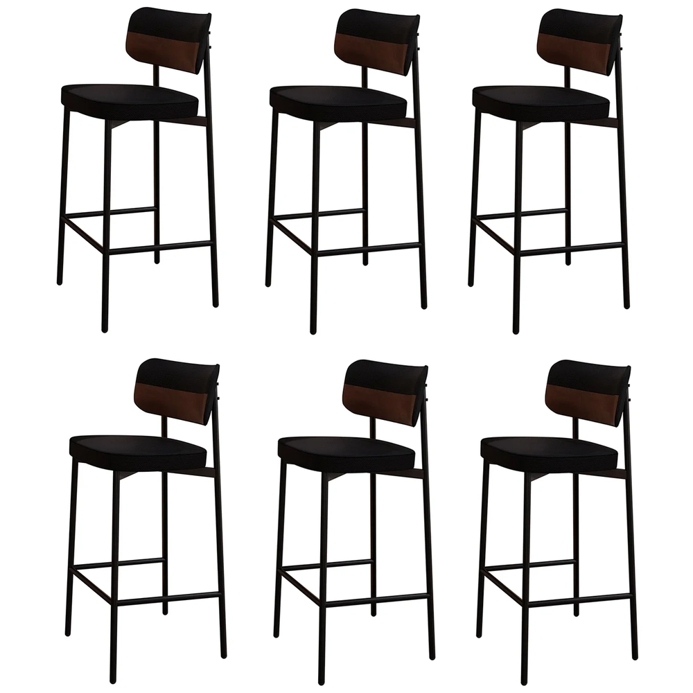 Banqueta Alta Bar Estofada Kit 6 Ella M25 Linho Preto/Marrom - Mpozenato
