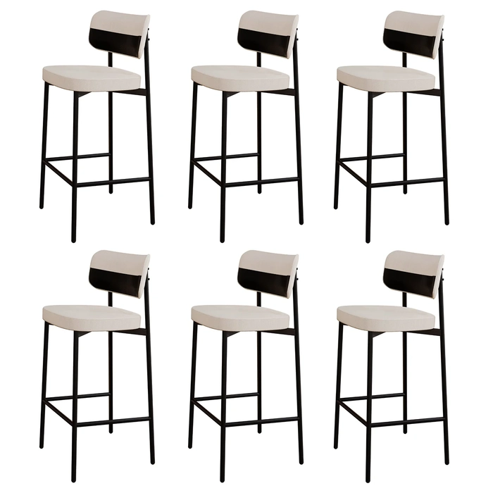 Banqueta Alta Bar Estofada Kit 6 Ella M25 Linho Palha/Preto - Mpozenato