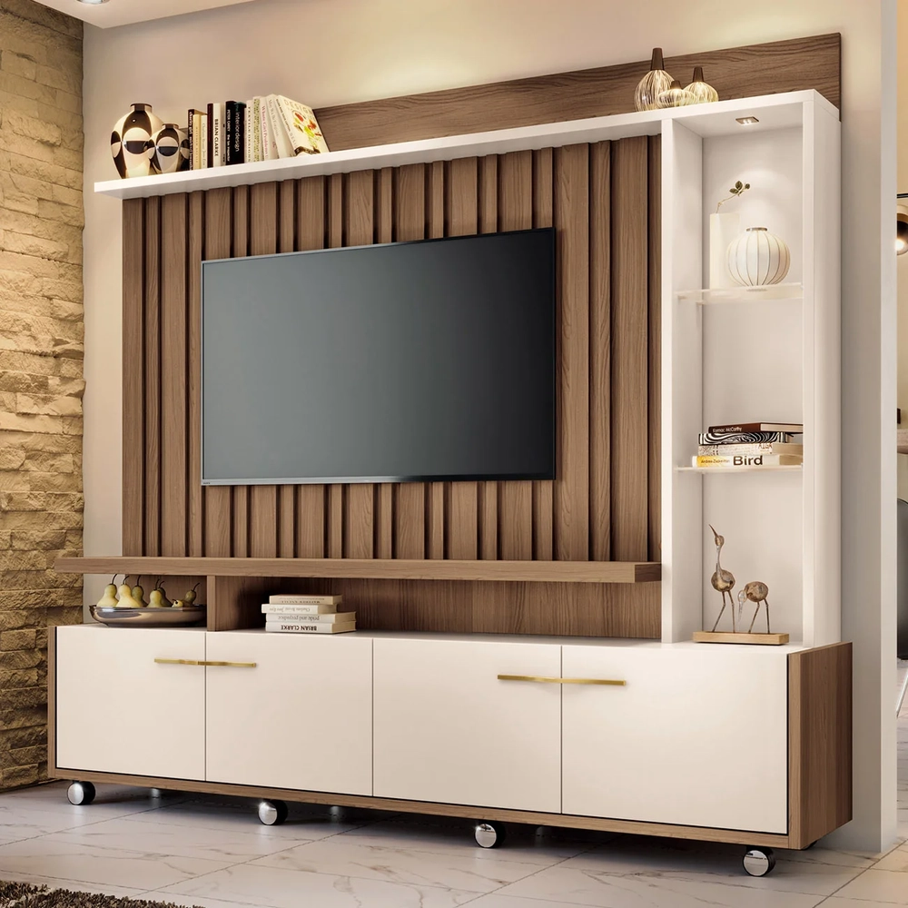 Estante Painel de TV 60 Pol 200cm Titan Castanho/Off White - HB Móveis