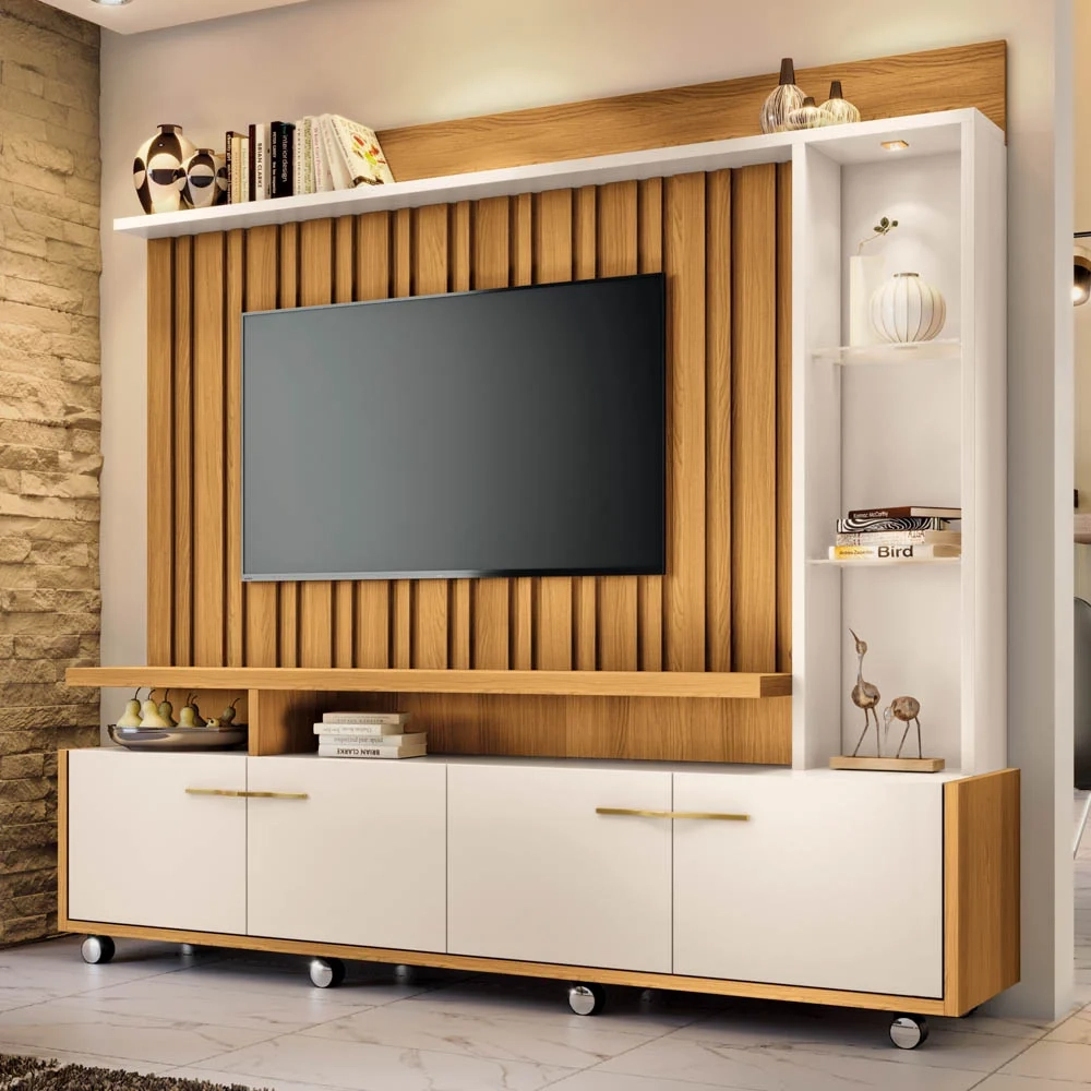 Estante Painel de TV 60 Pol 200cm Titan Off White/Cinamomo - HB Móveis