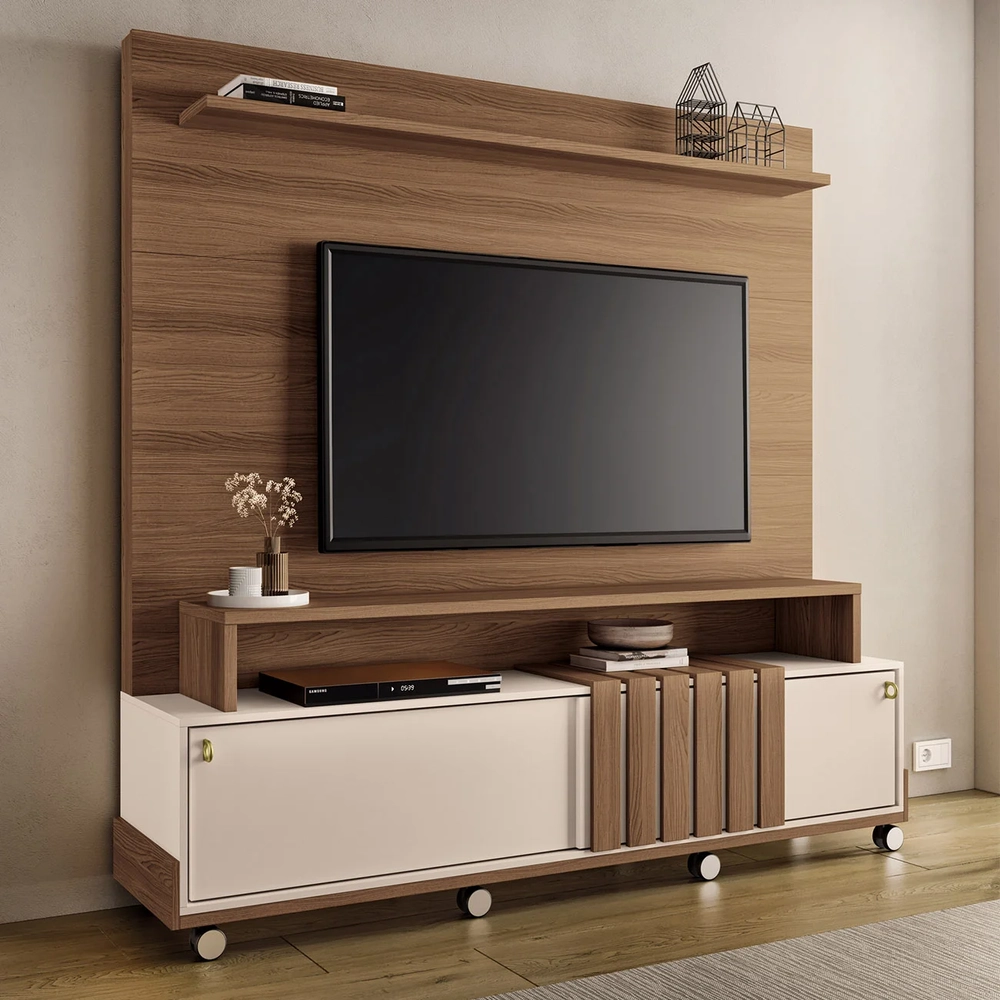 Estante Painel de TV 65 Pol 180cm 2 Portas Bold Castanho/Off White - HB Móveis