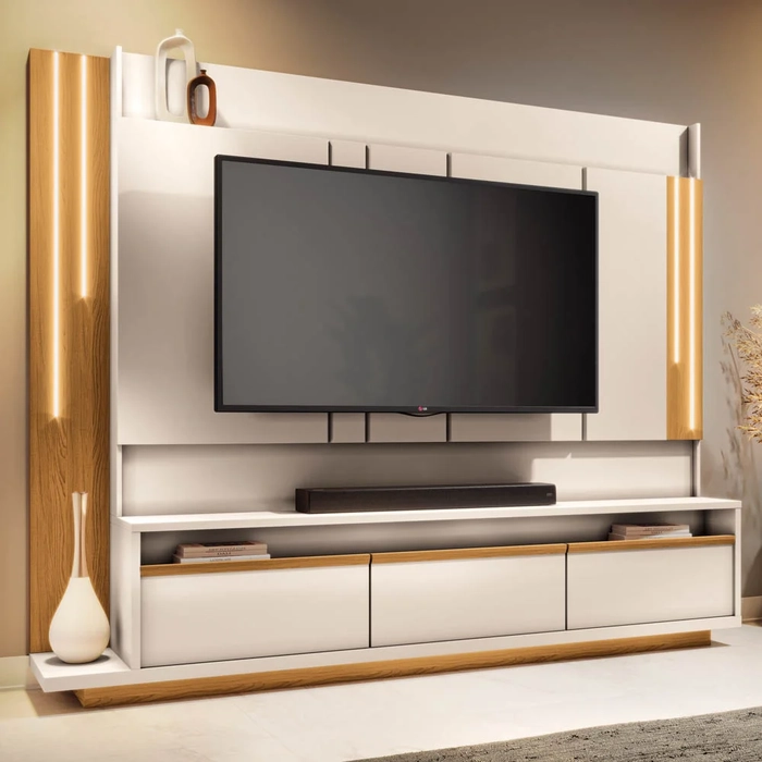 Estante Painel de TV 70 Pol 200cm Ripado Artis Off/Cinamomo - HB Móveis