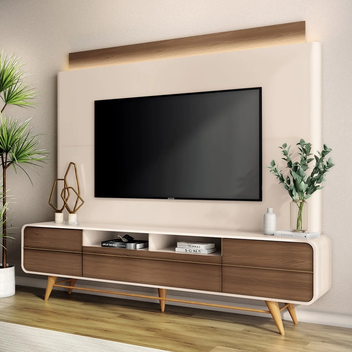 Estante Painel de TV 85 Pol 220cm Nobre Castanho/Off White - HB Móveis