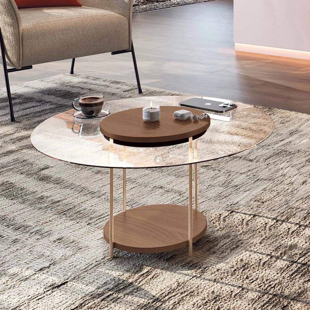 Mesa de Centro Redonda Tampo de Vidro Sky Castanho - HB Móveis