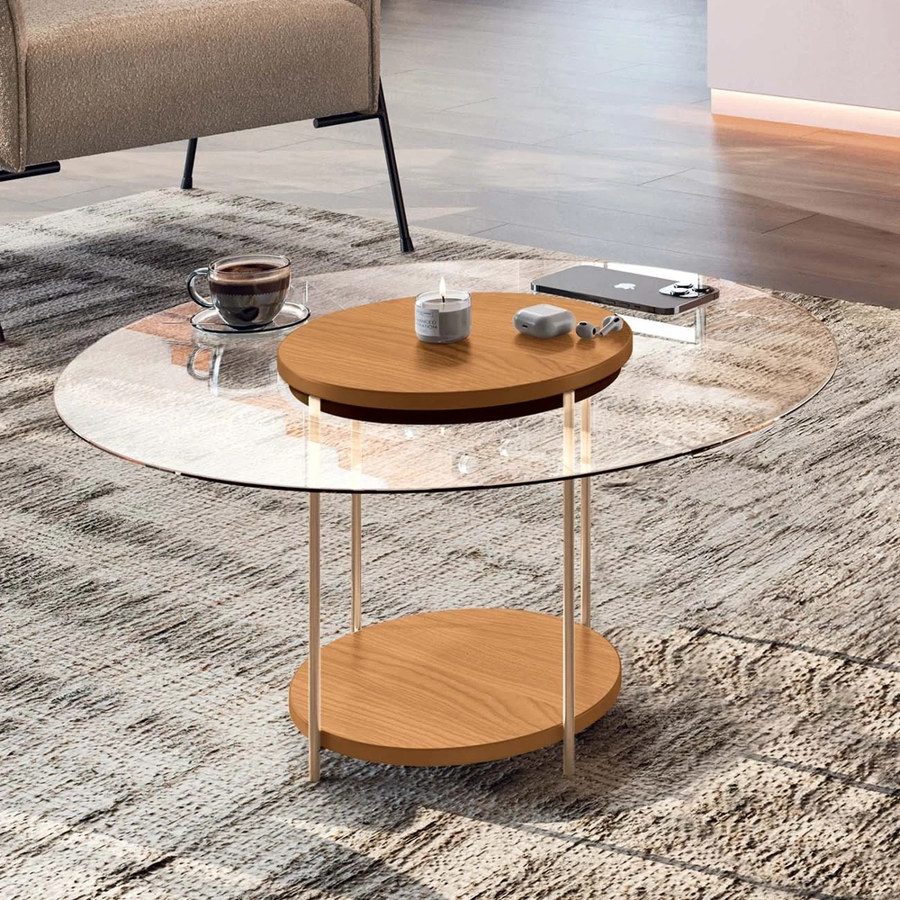 Mesa de Centro Redonda Tampo de Vidro Sky Cinamomo - HB Móveis