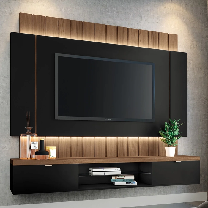 Painel TV 55 Pol 180cm Bancada Suspensa Illusion Preto/Castanho - HB Móveis