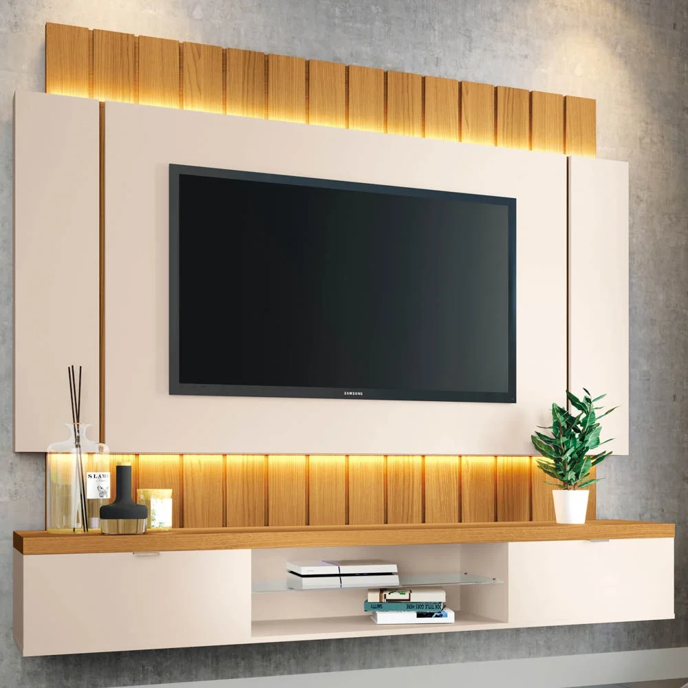 Painel TV 55 Pol 180cm Bancada Suspensa Illusion Off/Cinamomo - HB Móveis
