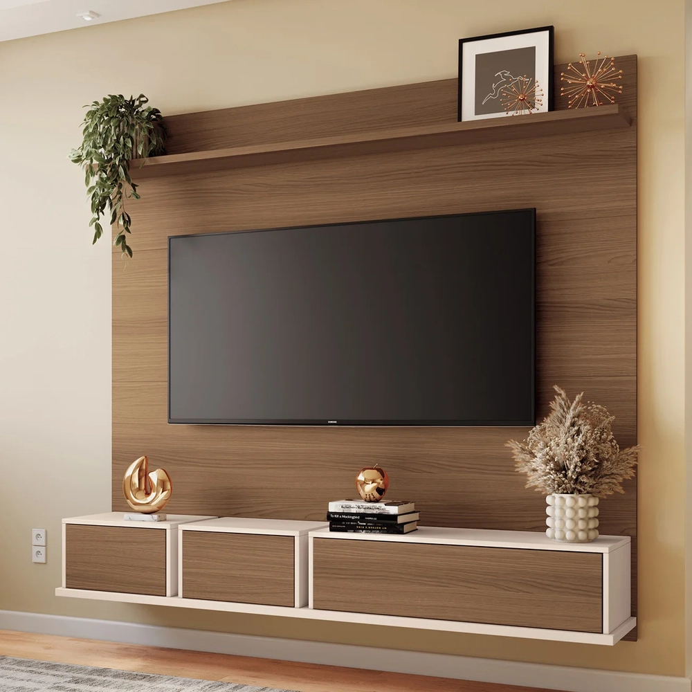 Painel TV 70 Pol 180cm Bancada Suspensa Max Off/Castanho - HB Móveis
