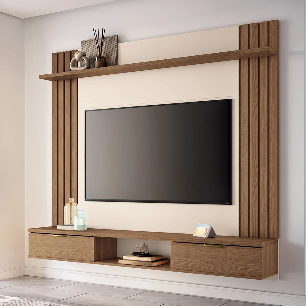 Painel TV 70 Pol 180cm Bancada Suspensa Solus Off/Castanho - HB Móveis