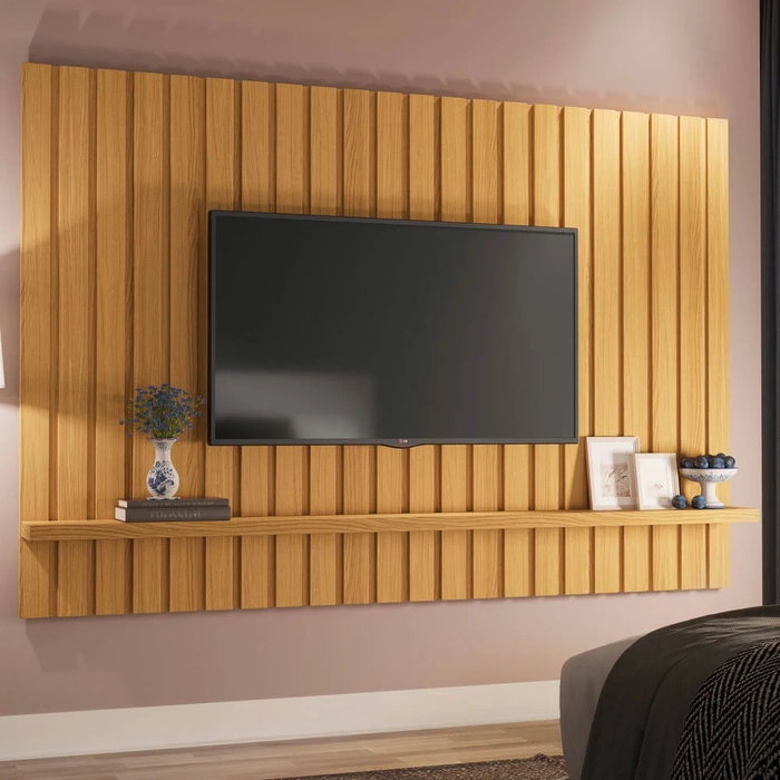 Painel TV 70 Pol 200cm Suspenso Ripado Link Cinamomo - HB Móveis