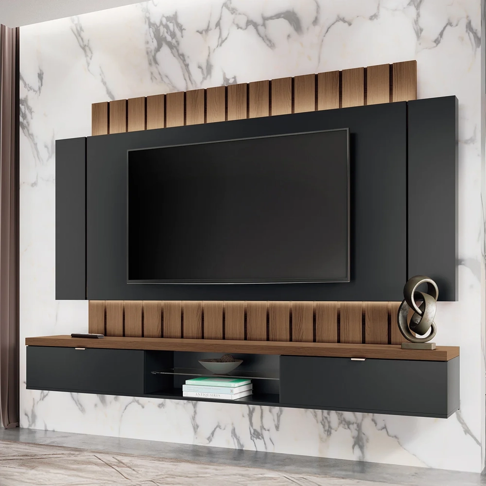 Painel TV 70 Pol 219cm Bancada Suspensa Illusion Preto/Castanho - HB Móveis