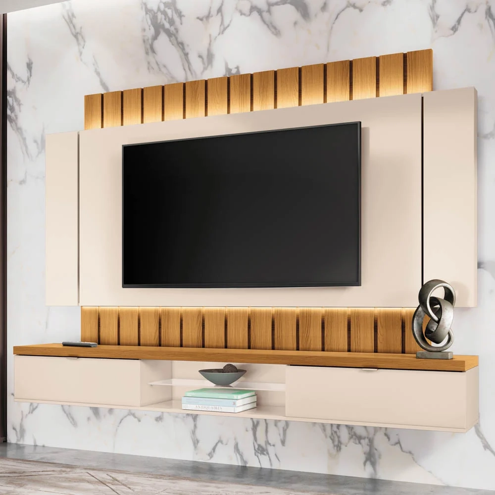 Painel TV 70 Pol 219cm Bancada Suspensa Illusion Off/Cinamomo - HB Móveis