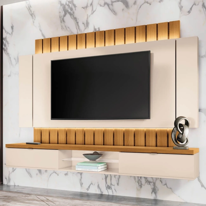 Painel TV 70 Pol 219cm Bancada Suspensa Illusion Off/Cinamomo - HB Móveis