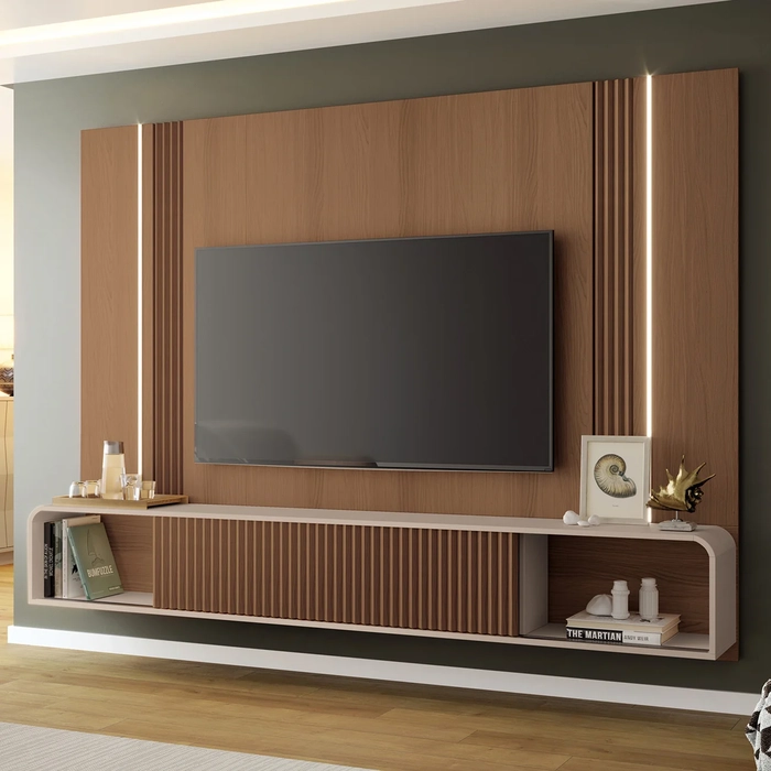 Painel TV 85 Pol 219cm Bancada Suspensa Empire Off/Castanho - HB Móveis