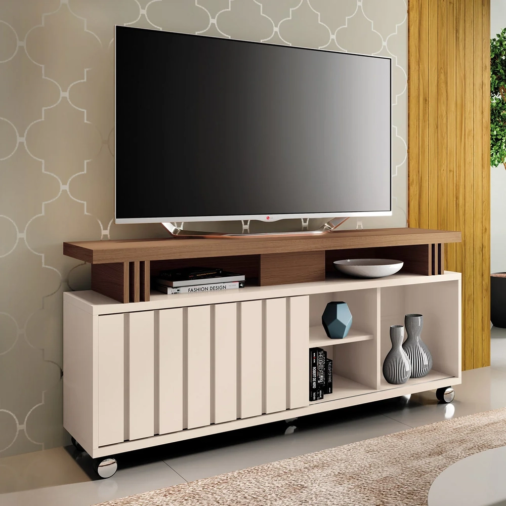 Rack Bancada de TV 50 Pol 136cm Briz Castanho/Off White - HB Móveis