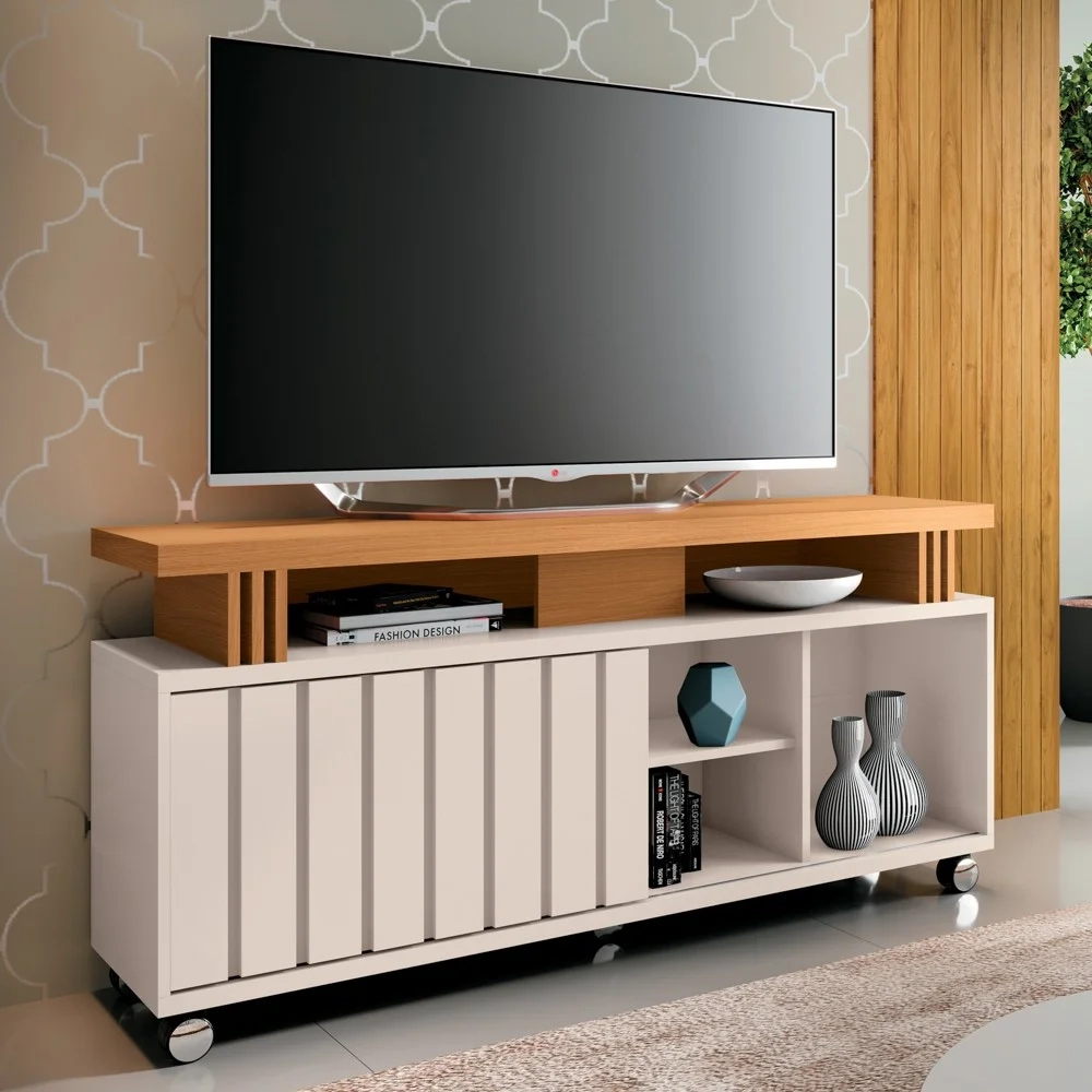 Rack Bancada de TV 50 Pol 136cm Briz Off White/Cinamomo - HB Móveis
