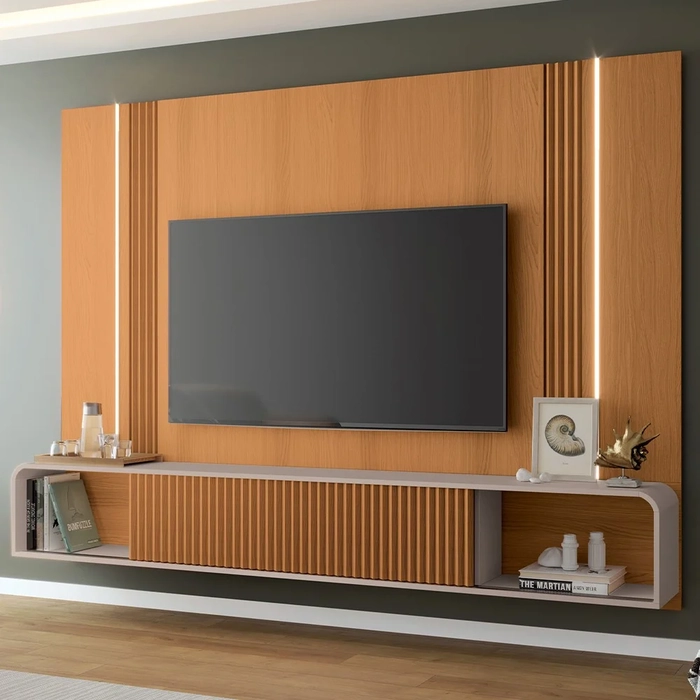 Painel TV 85 Pol 219cm Bancada Suspensa Empire Off/Cinamomo - HB Móveis