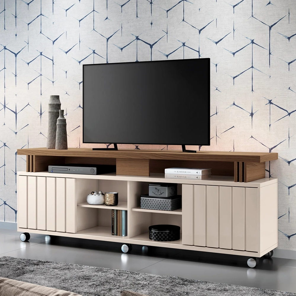 Rack Bancada de TV 70 Pol 180cm Briz Castanho/Off White - HB Móveis