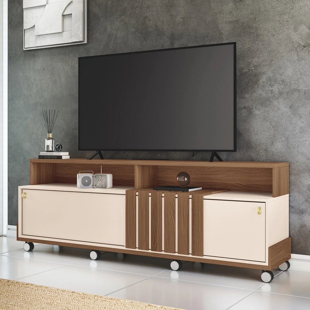 Rack Bancada de TV 70 Pol 180cm Graci Castanho/Off White - HB Móveis