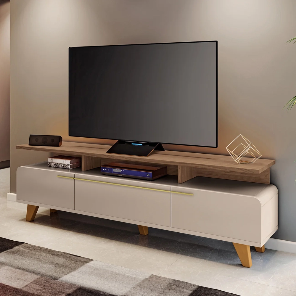 Rack Bancada de TV 70 Pol 200cm Essenza Castanho/Off - HB Móveis