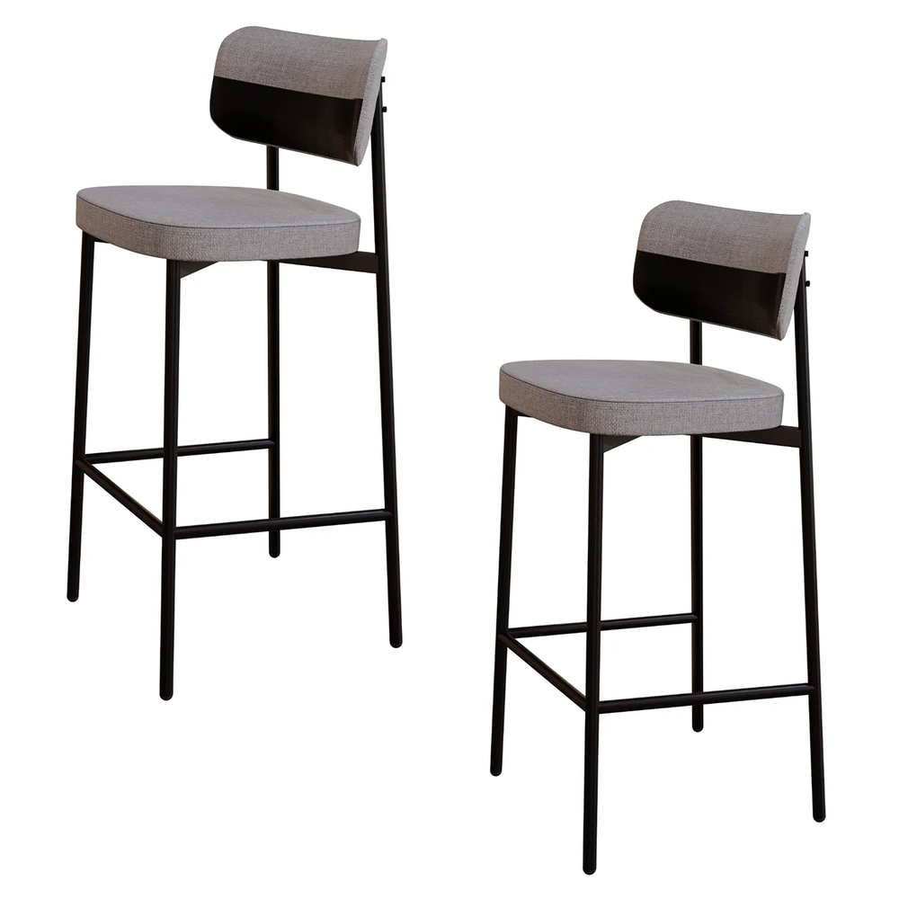 Banqueta Alta Bar Estofada Kit 2 Ella M25 Linho Cinza CL/Preto - Mpozenato