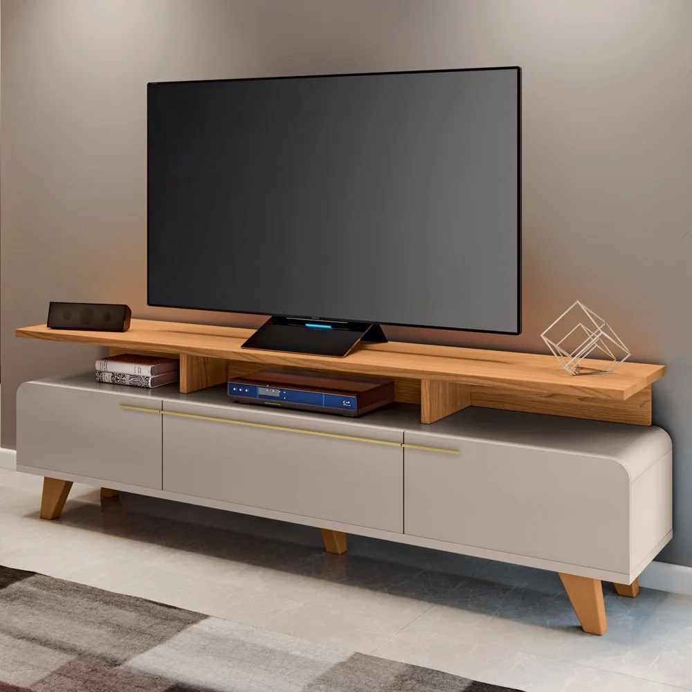 Rack Bancada de TV 70 Pol 200cm Essenza Off White/Cinamomo - HB Móveis