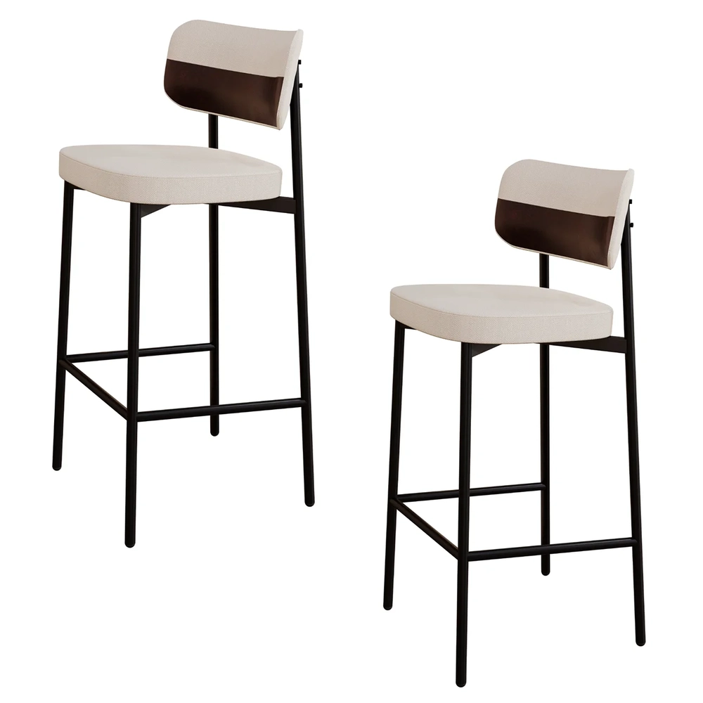 Banqueta Alta Bar Estofada Kit 2 Ella M25 Linho Palha/Café - Mpozenato