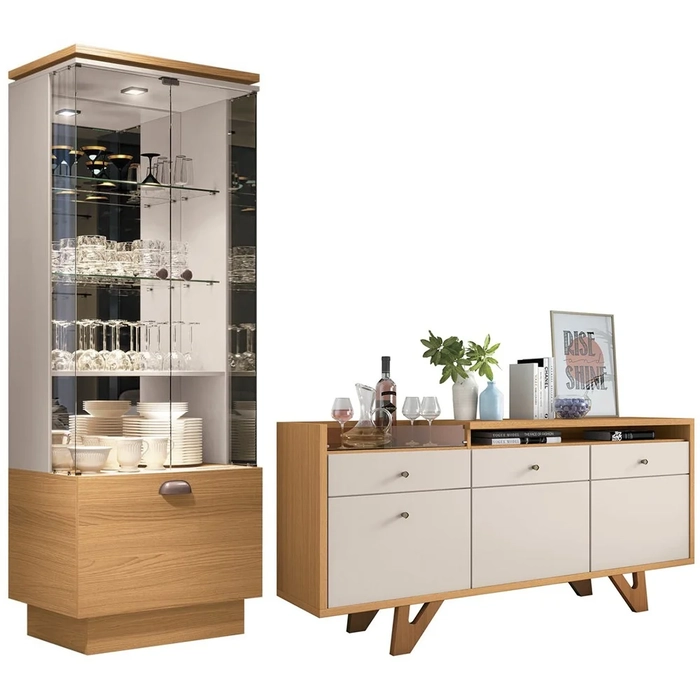 Buffet Aparador Sollare e Cristaleira Aura Off/Cinamomo - HB Móveis