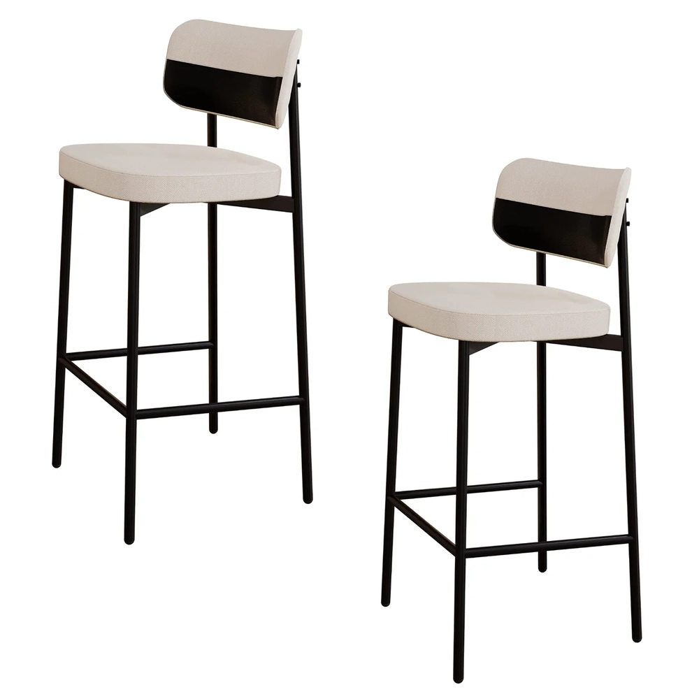 Banqueta Alta Bar Estofada Kit 2 Ella M25 Linho Palha/Preto - Mpozenato